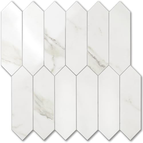 Vamos Tile Glossy White Marble Backsplash Tile Peel and Stick, 12.8 x 12.8 Inch 10 Sheets Long Hexagon PVC Self Adhesive Mosaic Wall Tiles Stick on Backsplash for Kitchen and Bathroom - color: Glossy White Marble
