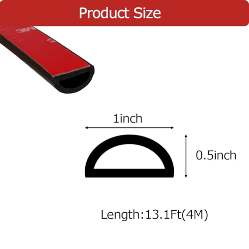 Foam Rubber Seal Strip, Self-Adhesive D Shape EPDM Rubber Weather Stripping for RV, Boat, Auto, Truck, Marine, Garage Doors/Window and More, W:1"; H:0.5",13Ft