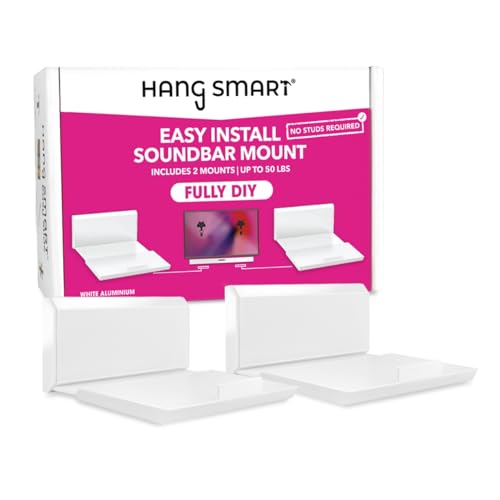 HangSmart TV Soundbar Mount NO Stud & NO Drill Easy Install, DIY Universal Sound Bar Wall Mount Bracket, Holds up to 50LBS, Adjustable fits Most Soundbars. (White) - color: White, size: 1 Pack