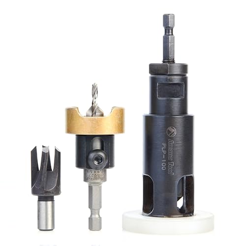 Amana Tool Woodworking Countersink Set, AMS-306, 3-Piece | Carbide Tipped with Adjustable Depth Stop and No-Thrust, No Marring Ball Bearing, with Plug Cutter and Planer Pack - style: AMS-306, 3-Pc