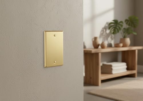 Rio Salto BRASS Metal Gold Blank Wall Plate Blank Outlet Cover Cover for Unused Outlets Wall Switch 1-Gang Covers Child Safe Device Outlet Safety Genuine Brushed Brass Standard Size - color: Blank Plate 1-Gang (1-Pack)