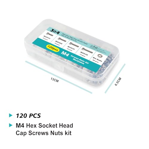 M4 x 10mm 20mm 30mm 40mm Hex Socket Head Cap Screws Bolts and Nuts, Stainless Steel 304, Bright Finish, Metric Allen Drive, Fully Thread, Assortment Kit 120PCS - size: Socket M4x10-40mm+Nuts