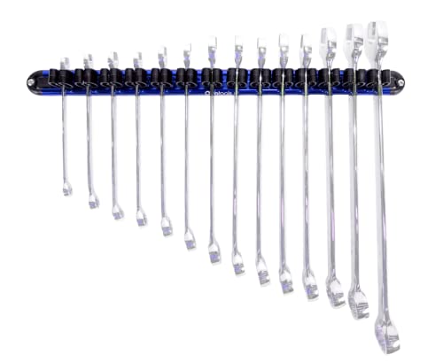 Olsa Tools Wall Mount Wrench Organizer - Rotating Clip Rack for 14 Wrenches - Blue Anodized Aluminum with Black Clips - Space Saving Tool Holder - Professional Grade Storage Solution - Part: 1029 - style: Blue Aluminum + Black Clips