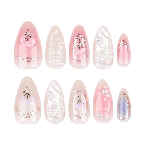 3D Flower Press On Nails Almond Shape – Medium Length Glossy Nude Pink Fake Nails with Pearls & Gold Details, Acrylic Reusable Stick On Nails for Women, Elegant Floral False Nails for Wedding Party - color: 2-Dreamy Flower Shadow