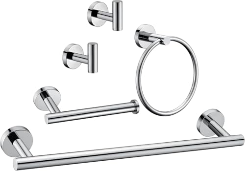 5 Pieces Polished Chrome Bathroom Hardware Accessories Set,Hand Towel Ring,16 inch Towel Bar,Toilet Paper Holder,2pcsTowel Hooks,Round SUS304 Stainless Steel Heavy Duty Wall Mount Holder,Towel Rack - color: Polished Chrome, size: 5 piece 16"
