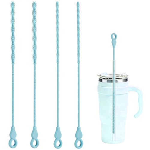 Silicone Straw Cleaner Brush, 4Pcs Reusable Straw Brush Set with Extra-Long Design for Cleaning Thin Metal Straws and Wider Milkshake Straws （6mm+9mm Blue) - color: Blue