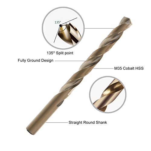 GMTOOLS 15Pcs Cobalt Drill Bit Set, M35 HSS, 135 Degree Tip, Twist Jobber Length Drill Bit Kit for Hardened Metal, Cast Iron, Stainless Steel, Plastic and Wood, with Indexed Storage Case 1/16"-3/8" - style: 15 pcs Cobalt