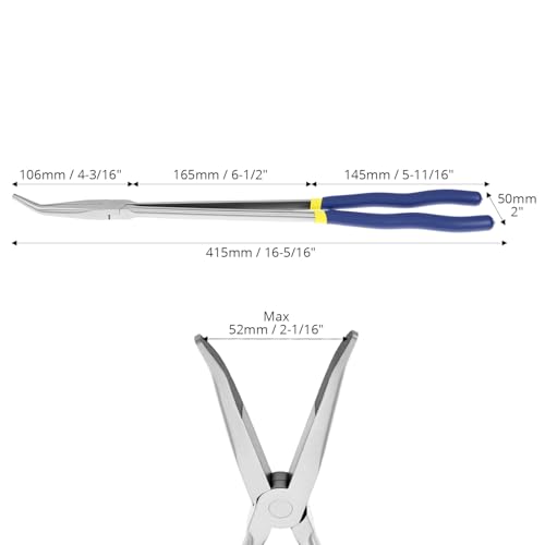 QWORK 16 Inch Long Reach Needle Nose Pliers, 45 Degree Angled Tip, Extra Long Handles, Tight Serrated Jaws for Narrow Spaces, Automotive Mechanic & Machinery Maintenance
