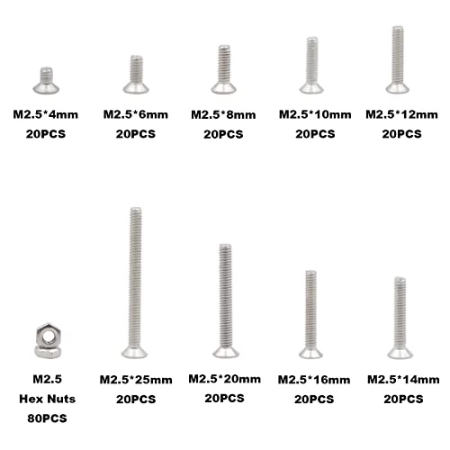 260PCS Metric M2.5 Stainless Steel Phillips Flat Head Machine Screws Hex Nuts Assortment Kit - size: M2.5