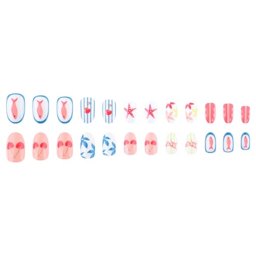 Summer Press On Nails Short Almond Colorful Starfish Fish Flower Stripes - color: Style30