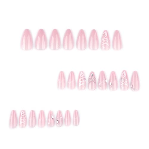 Pearl Charms Cat Eye Press On Nails Almond Short, Butterfly Pattern Designer Reusable Acrylic Nails Press Ons, Fake Nails With Glue On, Daily Wear Floral False Nails For Women - color: LF-3879 Butterfly Pearl Charms, size: 24 Pieces (Pack of 1)