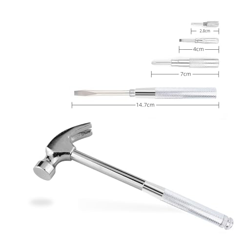 Mini Metal Hammer 6 in 1 with Slotted/Flat Head Phillips Screwdriver Claw Hammer Manual, Portable Multifunction Tool Hammer (Silver) - color: Silver