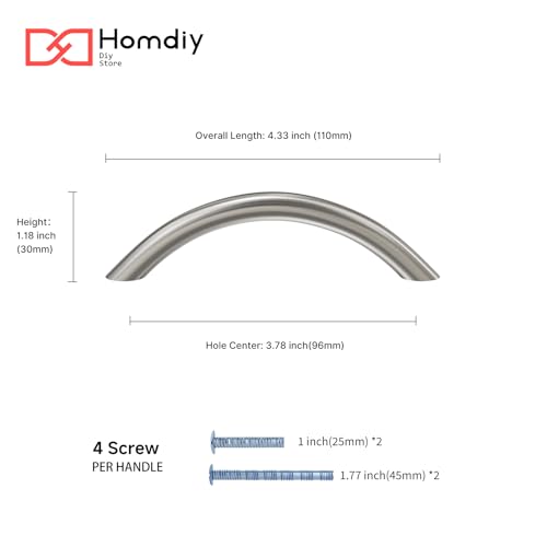 homdiy Solid Brushed Nickel Cabinet Pulls, 3-3/4 Inch Silver Arched Drawer Handles, 10 Pack Kitchen Cabinet Hardware, Screws Included for Cupboard Closet Furniture Upgrade - color: Brushed Nickel, size: 3-3/4 inch Hole Centers