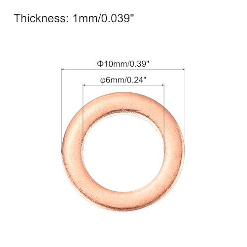 MECCANIXITY 52 Pcs Flat Copper Washers, 6x10x1mm Copper Upgraded Flat Metric Sealing Crush Ring Washers for Hydraulic Fittings Screw Bolt Nut Electronic Repair - size: 6x10x1mm
