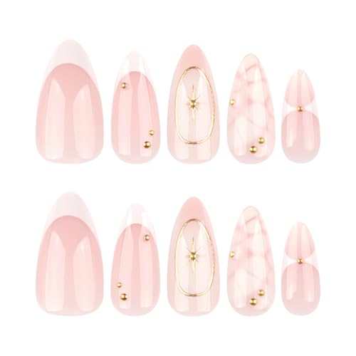 Mivota French Press On Nails Almond Medium, Fall Fake Nails Adorned with White Petal Accents and 3D Gold Lines Design, Glossy Gel Finish Acrylic Nails, Reusable Glue On Nails for Women, 24Pcs - color: 45-Smudged White with Gold Trim