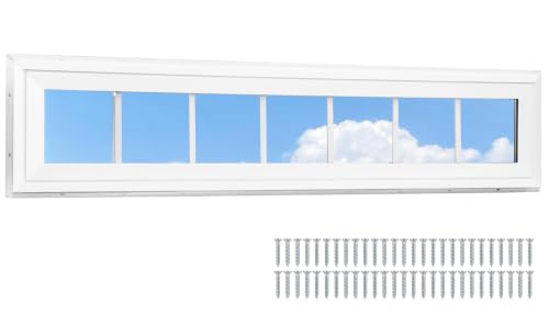 NeatiEase Vinyl Transom Window, 12" x 48" Fixed Glass Household Windows with Grids and Dual-pane Tempered Glass for House, Shed, Doors, Garage, Chicken Coop, Basement (White) - size: 12"x48"
