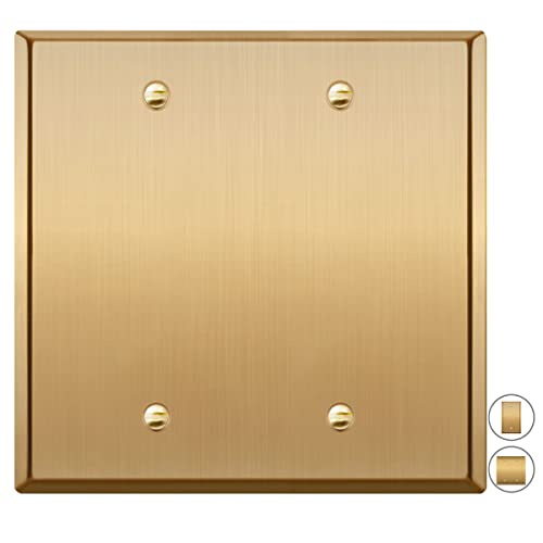 Rio Salto Metal Gold Double Blank Wall Plate, STANDARD SIZE, Blank Outlet Cover Corrosion Resistant Unused Outlets Wall Switch Two Gang Covers Child Safe Device Outlet Safety Genuine Brushed Brass - color: Blank Plate 2-Gang (1-Pack)