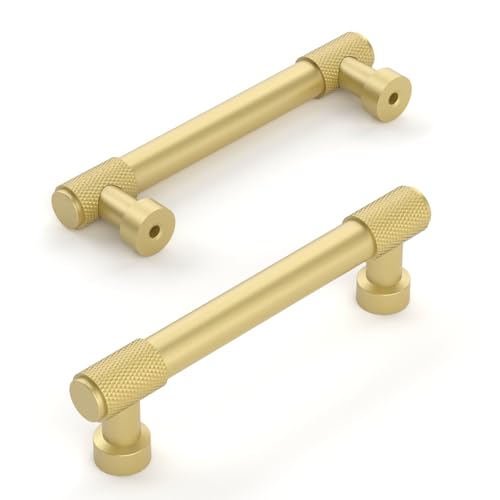 Amerdeco 10 Pack Brushed Gold Knurled Cabinet Pulls 3 Inch(76mm) Hole Center Kitchen Cabinet Handles Drawer Pulls Cabinet Hardware ZH0034 - color: Brushed Gold, size: 3"/76MM Hole Center