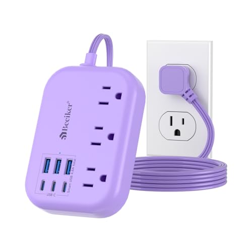 6 USB (3 USB C) Purple Travel Power Strip, 5Ft Extension Cord, 3 Outlets - size: Purple-6 USB 24W-5ft