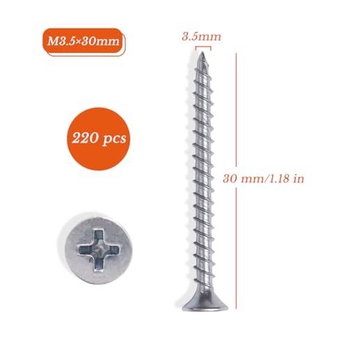 M3.5×30mm Wood Screw 100PCS Silver Drywall Screws Flat Head Phillips Drive Screws Set Zinc Plated Coarse Thread Ideal for Furniture, DIY & Home Repair - size: 30mm-225pcs