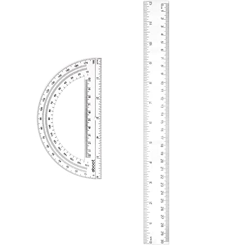 Zonon 2 Pcs 12 Inch Clear Ruler and 6 Inch Plastic Protractor Set, Clear - color: Clear