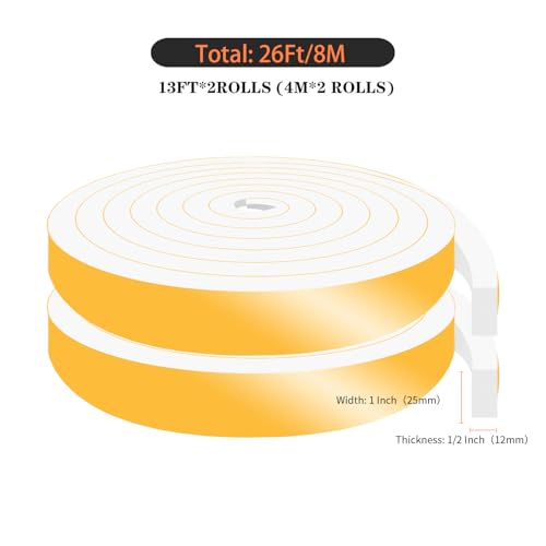 Door Seal Strip,High Density CR Insulation Tape,1 in x 1/2 in x 26Ft | Air Conditioner Foam,Strong Adhesive,Soundproof, Dustproof,Reduce Noise,High Density CR Foam Insulation Tape,White - color: White, size: 1 In x 1/2 In x 26 Ft