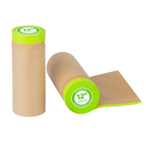 Tangibay Pre-Taped Masking Paper for Painting - 12 inch x 50 feet Tape and Drape Painters Paper, Paint Adhesive Protective Paper Roll for Covering Skirting, Frames, Cars and Auto Body (2 Rolls) - size: 2 Rolls: 12"