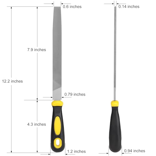 8“ Flat Hand Metal File, 10pcs, length 12”, Ergonomic Rubberized Handle, Uniform Teeth, Strength High Carbon Steel, Perfect for Long Time Use for Trimming, Sharping Metal, Stone, Wood, etc.