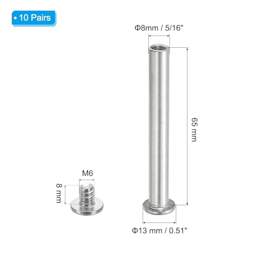 PATIKIL Hex Chicago Screws, 10 Set Binding Screw Posts M6 x 65 mm Connecting Hex Drive Socket Cap Bolt Nuts for Scrapbook Leather Belt Album Photo Furniture Repair, Silver - size: M6 x 65