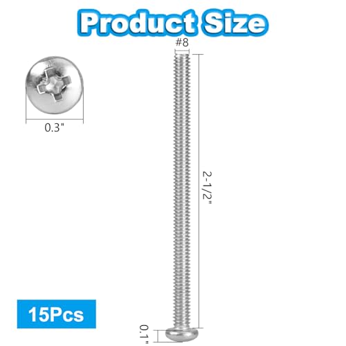 15 Pcs #8-32 x 2-1/2" Pan Head Machine Screws 304 Stainless Steel - size: #8-32 x 2-1/2"