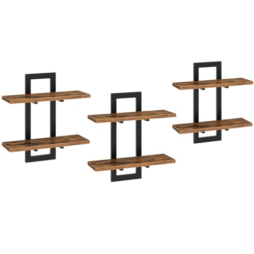 HOOBRO Floating Shelves, 15 Inch Wall Shelf Set of 3, Wall Mounted Storage Shelves 2-Tier, Hanging Bathroom Shelves, for Living Room, Bedroom, Bathroom, Kitchen, Rustic Brown and Black BF32BJP301 - color: Rustic Brown + Black