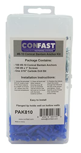 CONFAST® #8-10 Plastic Conical Blue Bantam Drywall Wall Anchor Kit PAK810, Includes (100) Anchors, (100) Screws and (1) Drill bit (201 Pieces) - size: #8 #10