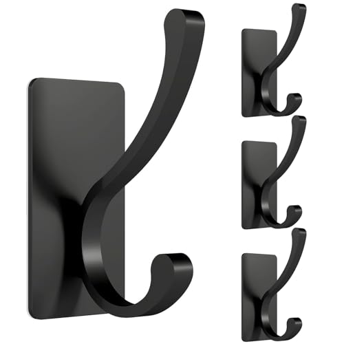 Jesginboo Self Adhesive Heavy Duty Coat Hooks for Wall, 4 Packs Black