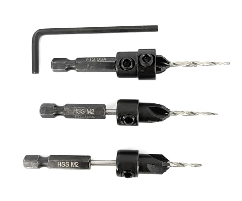 FTG USA 3-Pk #4 (7/64") Countersink Drill Bit Set, 1 Stop, 1 Wrench & Case - size: #4, style: 3 Pc with Depth Stop and Case