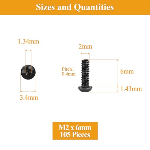 105 Pieces M2 x 6mm Button Head Socket Cap Screws, Thread Pitch 0.4mm, Sutemribor M2 Black Screws, 10.9 Grade Alloy Steel, Black Oxide Finish, Fully Threaded - size: M2 x 6mm, style: Button Head
