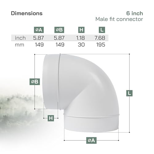 Vent Systems 90 Degree 6" Inch Elbow Duct Pipe Connector - Round Flexible, Rigid PVC Pipe, Tube Ventilation System Adapter - ABS Plastic HVAC Duct Fittings, Dryer Duct Connection, Ducting Joint - size: 6''