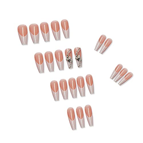 24Pcs Press on Nails Almond - Medium French Tip Fake Nails with Embossed Flower Designs, Glossy Finish Reusable False Nails with Glue Tabs - 24Pcs Nail Kit (White butterflies) - color: White butterflies