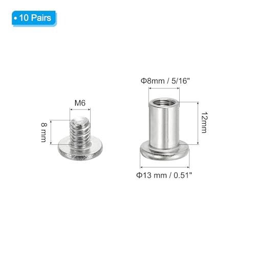 PATIKIL Hex Chicago Screws, 10 Set Binding Screw Posts M6 x 12 mm Connecting Hex Drive Socket Cap Bolt Nuts for Scrapbook Leather Belt Album Photo Furniture Repair, Silver - size: M6 x 12