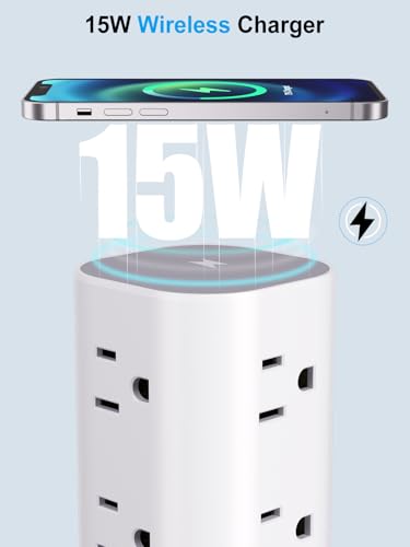 6FT Power Strip Tower with Wireless Charger,Surge Protector with 12 Outlets - color: White, size: 6FT with Wireless Charging