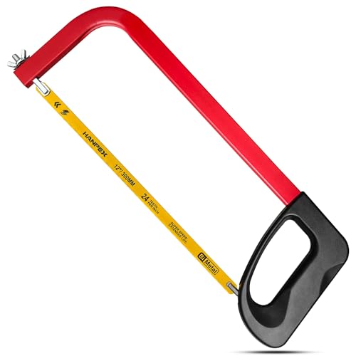Hanpex 12in. High-Tension Hacksaw Frame with 24 TPI Bi-metal Blade, Hand Saw Suitable for Metal, wood, PVC, Carpentry（Black Handle） - style: Hacksaw with Red Handle