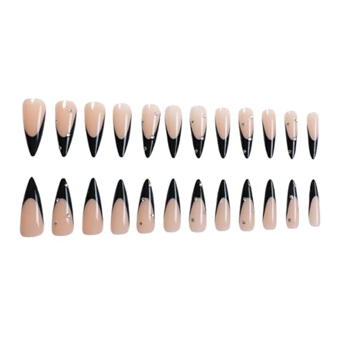 SINHOT Stiletto Press on Nails - Long Fake Nails, Glossy Finish, 3D Rhinestones & Black French Tip, DIY Artificial False Nail Art - 24 Pcs Nail Kit with Glue
