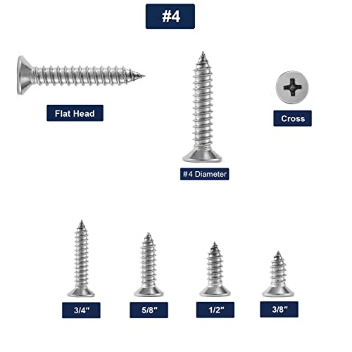 #4 x 3/8" Wood Screw 100Pcs 18-8 (304) Stainless Steel Screws Flat Head Phillips Fast Self Tapping Drywall Screws by SG TZH - size: #4 x 3/8"