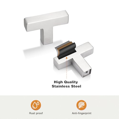 Probrico(5 Pack 2 Inch Stainless Steel Cabinet Knobs Brushed Nickel Finish, Square Kitchen Cabinet Hardware Pulls Single Hole T Bar Knobs - color: Satin Nickel, size: single hole