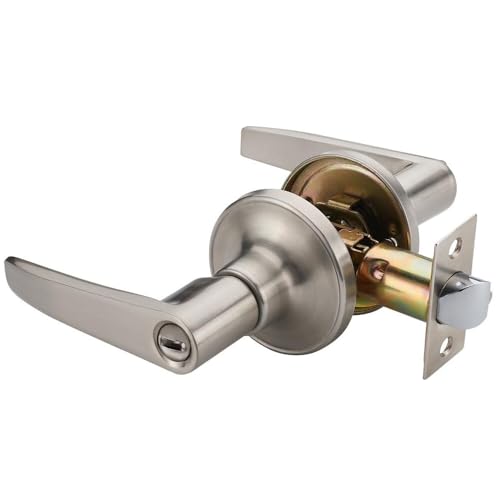 1 Pack of MANREN Lever Bathroom Door Lever Handle Lock, Universal Door Knob Hardware,Nickel Brushed Color (MR802bk) - color: Nickel Brushed, style: Bathroom