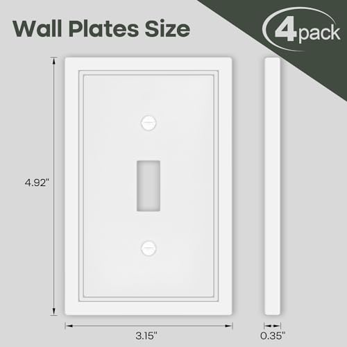 4 Pack White Decorative Single Toggle Light Switch Cover Plate - size: 1 Gang Single Toggle
