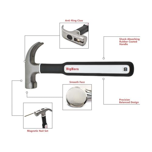 Big Horn 15153 8 Oz Mini Claw Hammer with Rubber Coated Handle & Magnetic Nail Starter