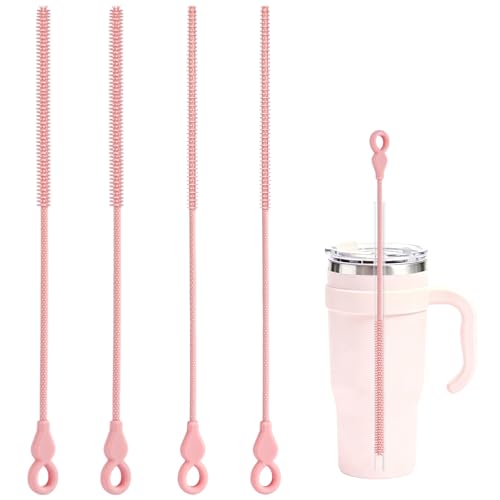 Silicone Straw Cleaner Brush, 4Pcs Reusable Straw Brush Set with Extra-Long Design for Cleaning Thin Metal Straws and Wider Milkshake Straws （6mm+9mm Pink) - color: Pink