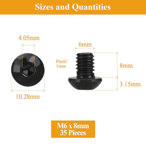 35 Pieces M6 x 8mm Button Head Socket Cap Screws, Thread Pitch 1.0mm, Sutemribor M6 Black Screws, 10.9 Grade Alloy Steel, Black Oxide Finish, Fully Threaded - size: M6 x 8mm, style: Button Head