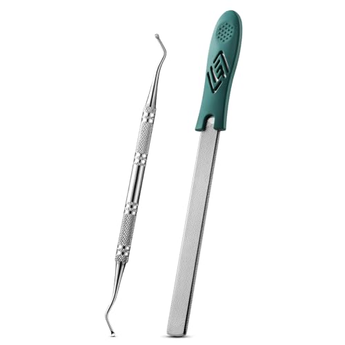 FVION Toenail File for Thick Nails and Toenail Lifter, 2pcs Stainless Steel Nail File and Ingrown Relief Set, Heavy Duty Metal Emery Board for Seniors, Men & Women Pedicure Tool (Green) - color: Green Handle