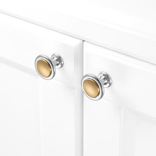 KOOFIZO 10 Pack Gold & Chrome Cabinet Knobs Round Single Hole Pulls 1960s - color: Brushed Gold + Polished Chrome, size: Knob 1 - 10Pcs, style: Round